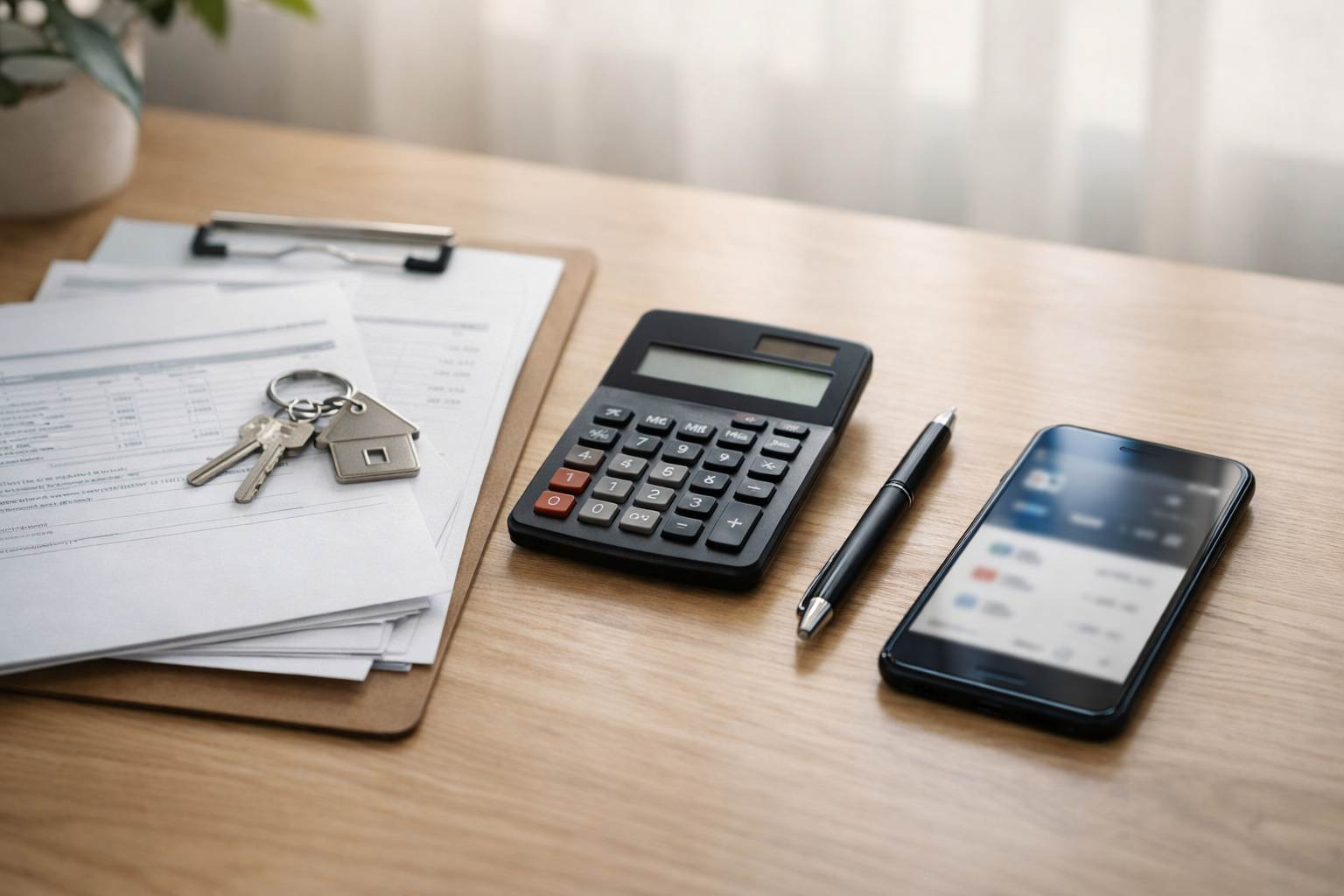 대출 계산에 필요한 서류와 스마트폰을 준비한 장면