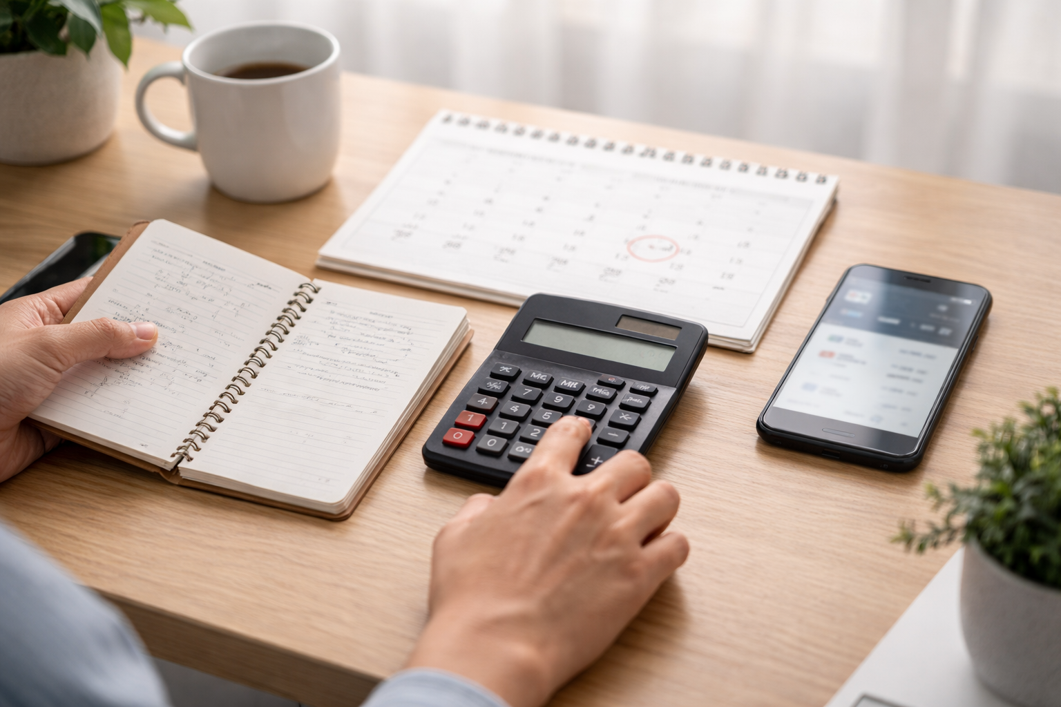 계산기와 메모를 보며 입력값을 확인하는 장면