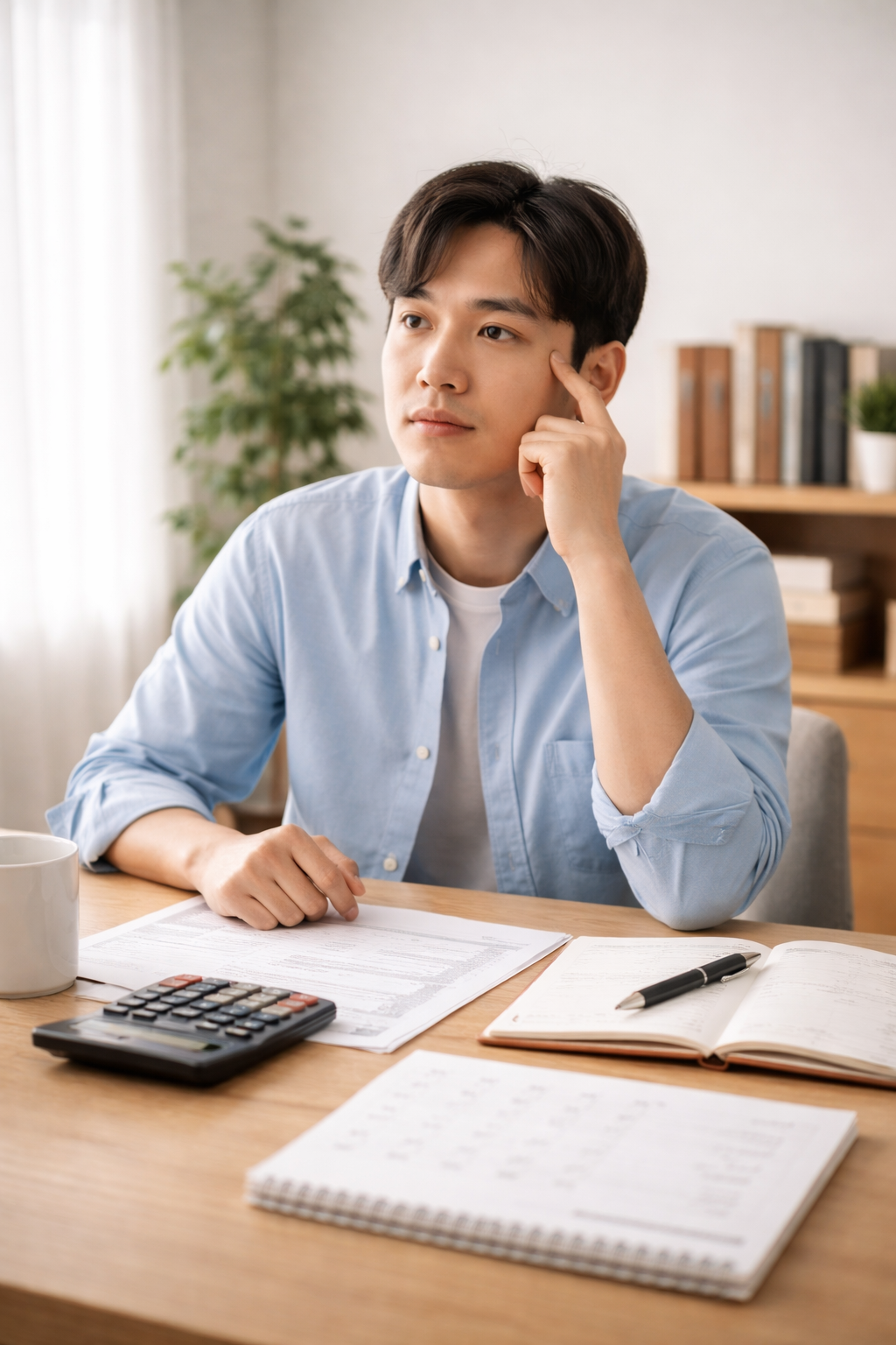 재무 결정을 앞두고 고민하는 사람의 실사 이미지