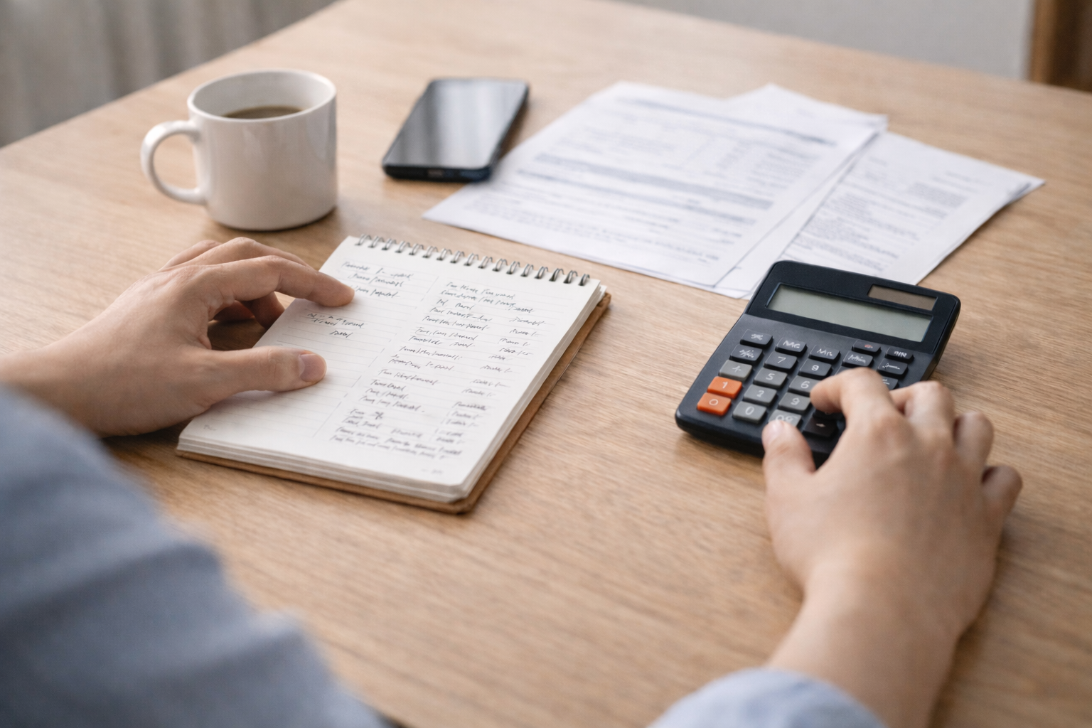 예산표와 금융 도구를 함께 보며 상환 여부를 비교하는 장면