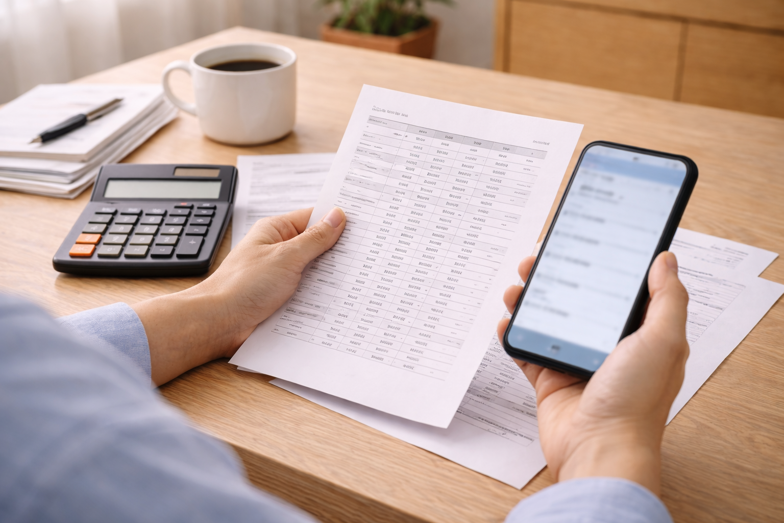 계산기와 은행 앱을 비교해 보는 장면